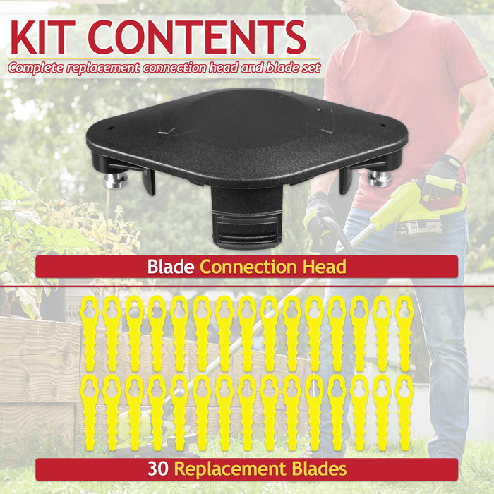 Blade Connection Head for Ryobi Grass Strimmer Trimmer + 30 Replacement Heavy Duty Blades (RAC155 RAC157 RAC158)