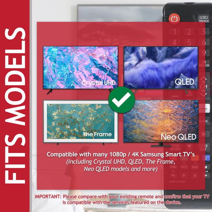 Samsung Smart TV Remote Control BN59-01315M Universal 1080p 4K Neo QLED Crystal UHD Frame Television Controller