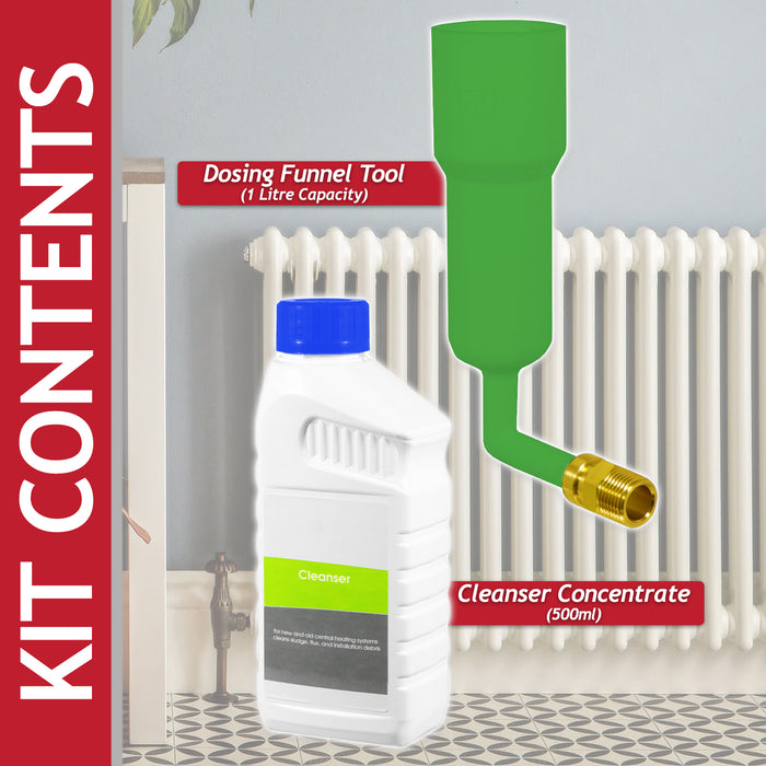 Central Heating Cleanser Concentrate Sludge Rust Debris Cleaner Liquid (500ml Bottle) + Radiator Dosing Funnel Tool