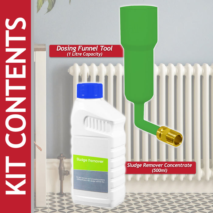 Central Heating Sludge Remover Concentrate Boiler Pipes Liquid (500ml Bottle) + Radiator Dosing Funnel Tool