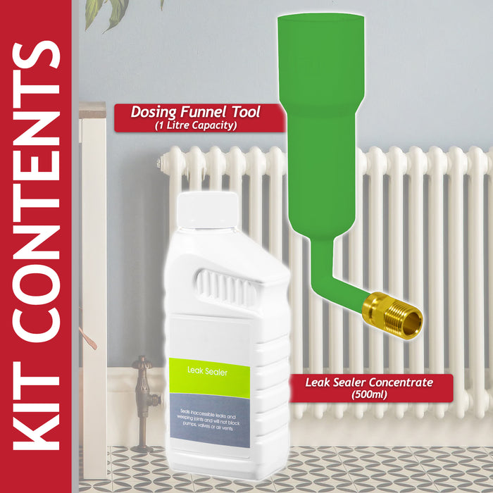 Central Heating Leak Sealer Concentrate Boiler Pipe Seal Liquid (500ml Bottle) + Radiator Dosing Funnel Tool
