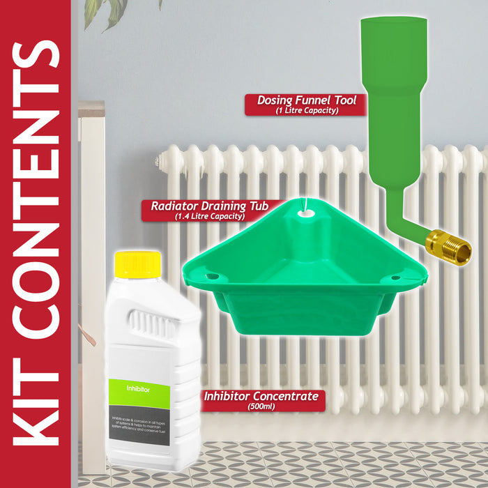 Central Heating Inhibitor Concentrate Liquid (500ml Bottle) + Radiator Dosing Funnel Tool + Draining Tub