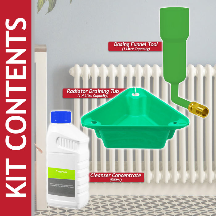 Central Heating Cleanser Concentrate Liquid (500ml Bottle) + Radiator Dosing Funnel Tool + Draining Tub
