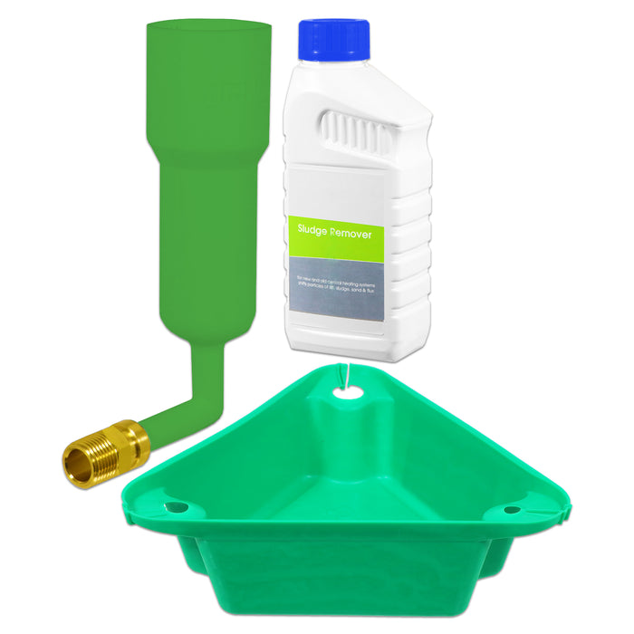 Central Heating Sludge Remover Concentrate Liquid (500ml Bottle) + Radiator Dosing Funnel Tool + Draining Tub
