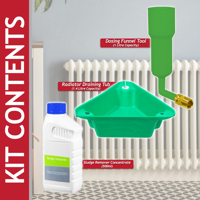 Central Heating Sludge Remover Concentrate Liquid (500ml Bottle) + Radiator Dosing Funnel Tool + Draining Tub
