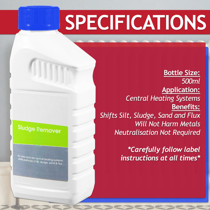 Central Heating Sludge Remover Concentrate Liquid (500ml Bottle) + Radiator Dosing Funnel Tool + Draining Tub