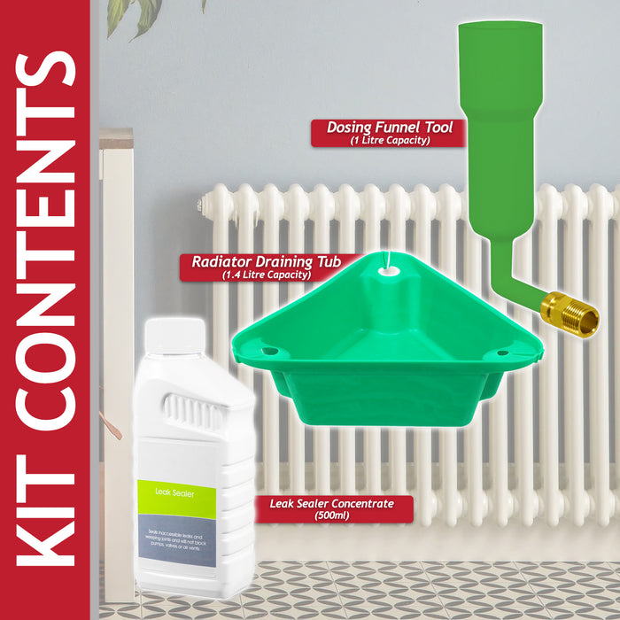 Central Heating Leak Sealer Concentrate Liquid (500ml Bottle) + Radiator Dosing Funnel Tool + Draining Tub