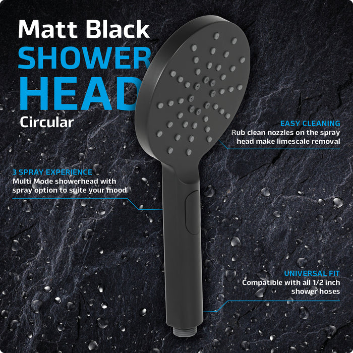 Shower Head Round Matt Black 1/2inch 3 Mode Spray Large Showerhead