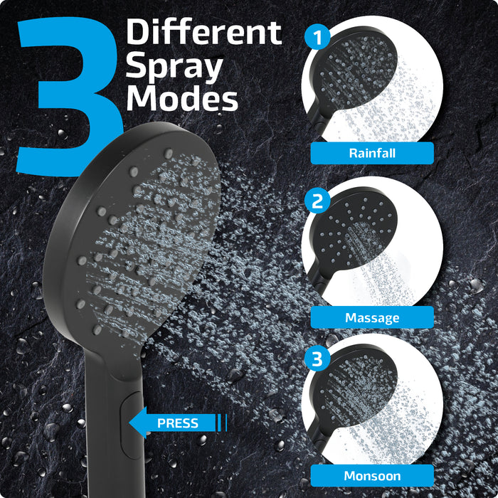 Shower Head Round Matt Black 1/2inch 3 Mode Spray Large Showerhead