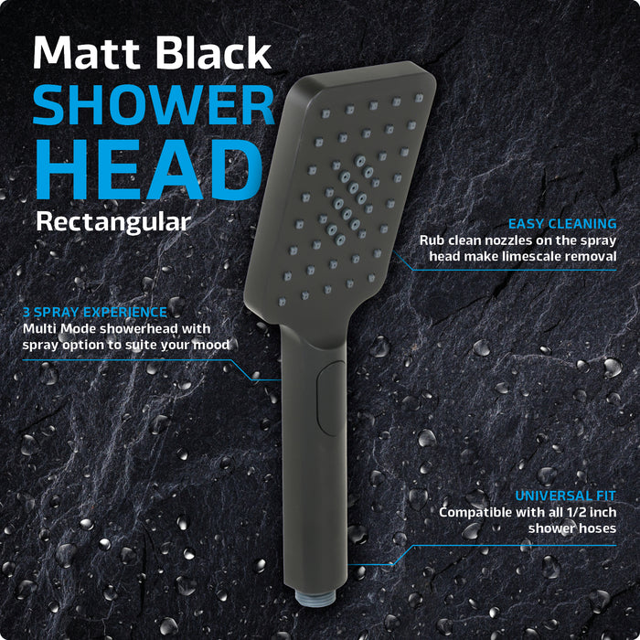 Shower Head Rectangular Matt Black 1/2inch 3 Mode Spray Large Showerhead