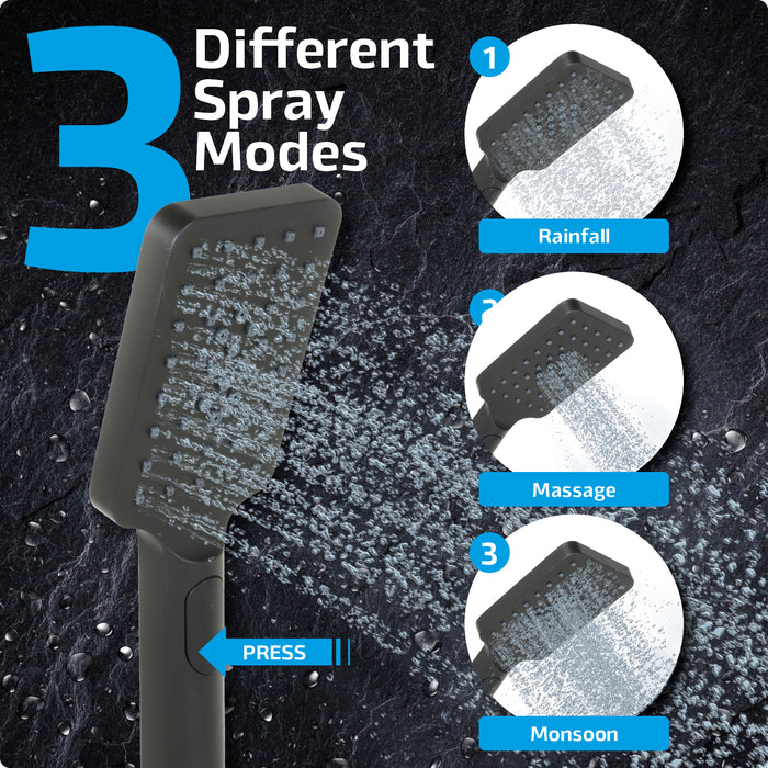 Shower Head Rectangular Matt Black 1/2inch 3 Mode Spray Large Showerhead