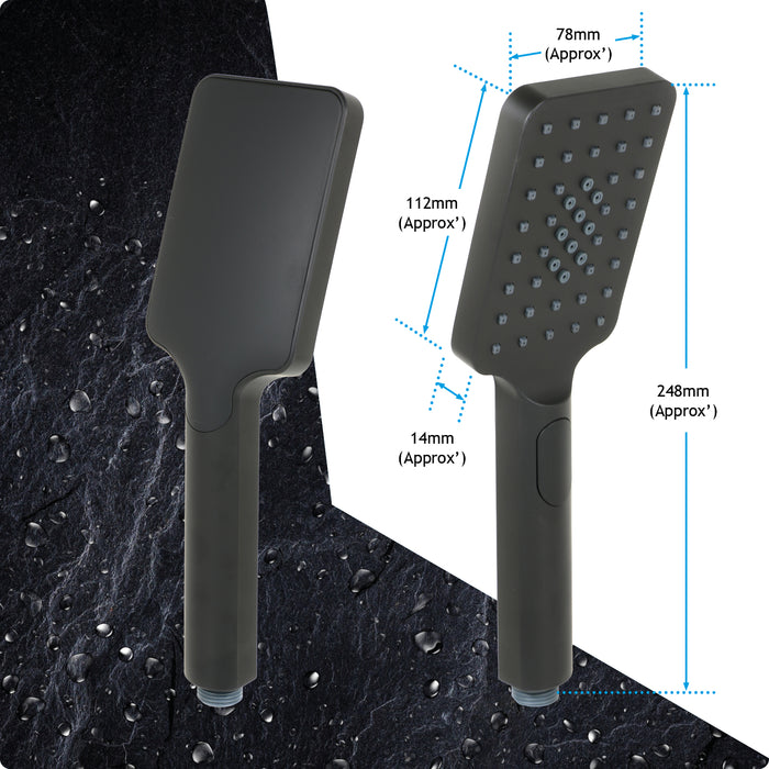 Shower Head Rectangular Matt Black 1/2inch 3 Mode Spray Large Showerhead