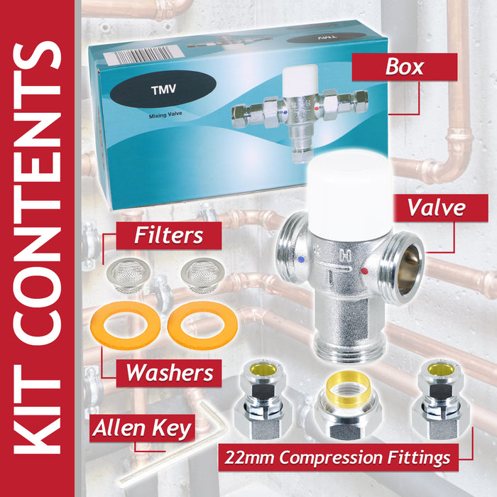 Tower 22mm TMV Thermostatic Mixing Valve Water Supply Blending Compression Fitting Kit (Brass, Chrome Plated)