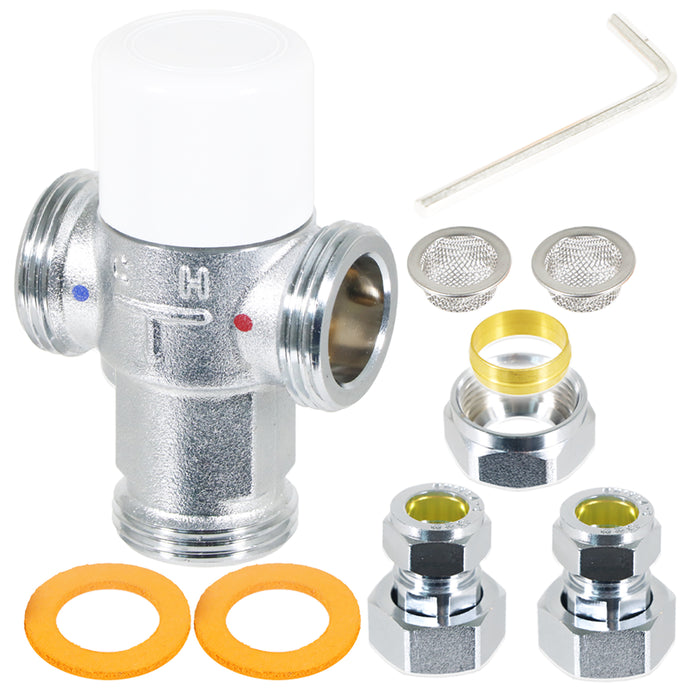 Tower 22mm TMV Thermostatic Mixing Valve Water Supply Blending Compression Fitting Kit (Brass, Chrome Plated)