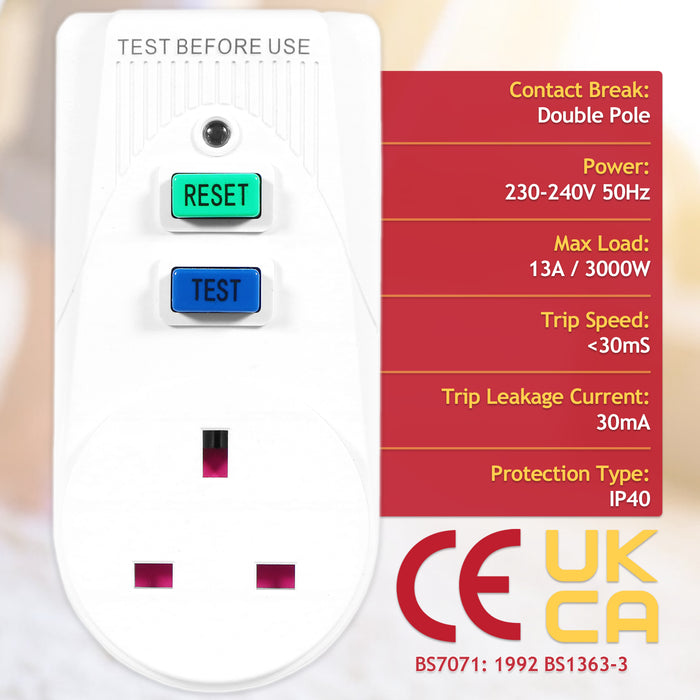 RCD Safety Plug Single Socket Circuit Breaker Electrical Power Trip Switch Adaptors (Pack of 2, 13A, 230-240V 50Hz, UK 3-Pin)