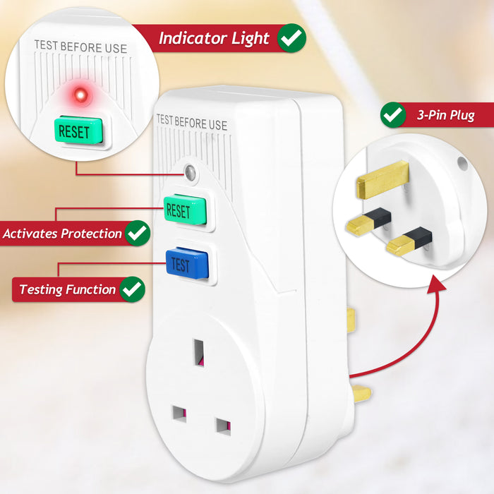 RCD Safety Plug Single Socket Circuit Breaker Electrical Power Trip Switch Adaptors (Pack of 2, 13A, 230-240V 50Hz, UK 3-Pin)