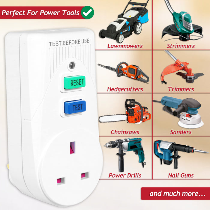 RCD Safety Plug Lawnmower Strimmer Hedgecutter Garden DIY Power Tool Trip Switch Adaptors (Pack of 2, 13A, 230-240V 50Hz, UK 3-Pin)