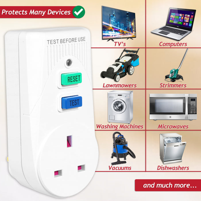 RCD Safety Plug Single Socket Circuit Breaker Electrical Power Trip Switch Adaptor (13A, 230-240V 50Hz, UK 3-Pin)