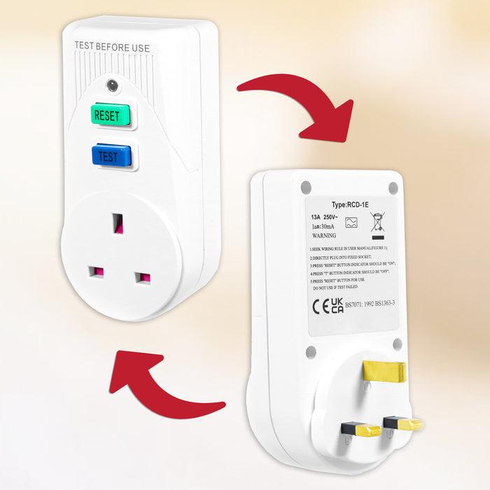 RCD Safety Plug Single Socket Circuit Breaker Electrical Power Trip Switch Adaptor (13A, 230-240V 50Hz, UK 3-Pin)