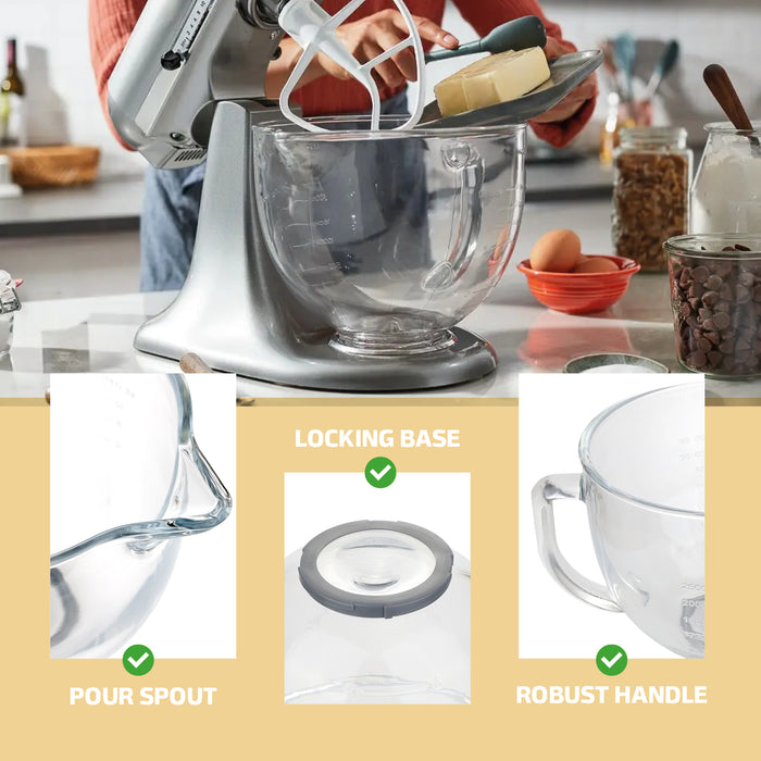 4.7L Glass Mixing bowl Jug for KitchenAid Stand Mixers K40 5KSM5GB Spout 5qt + Plastic Seal Cover
