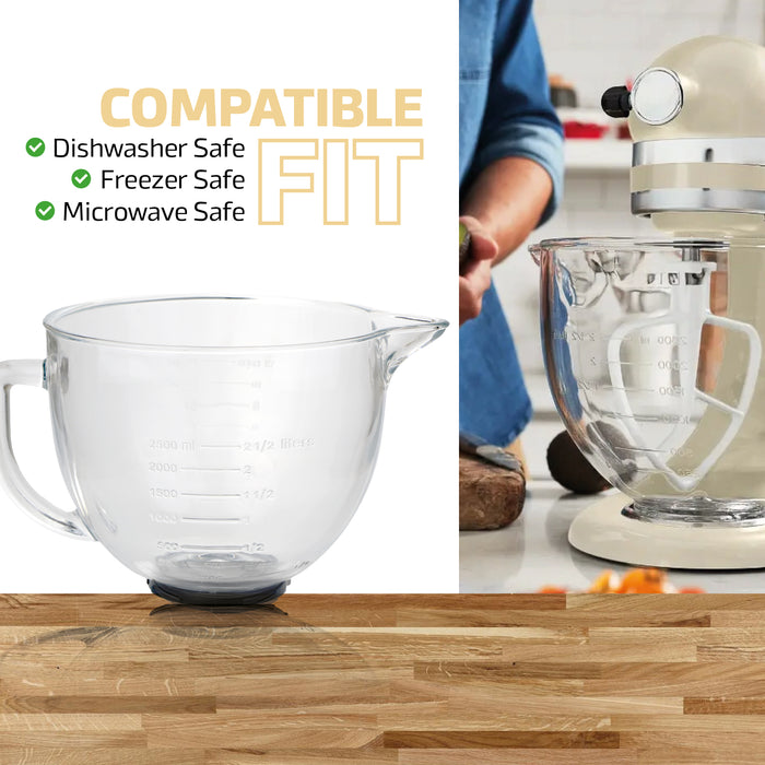 4.7L Glass Mixing bowl Jug for KitchenAid Stand Mixers K40 5KSM5GB Spout 5qt + Plastic Seal Cover