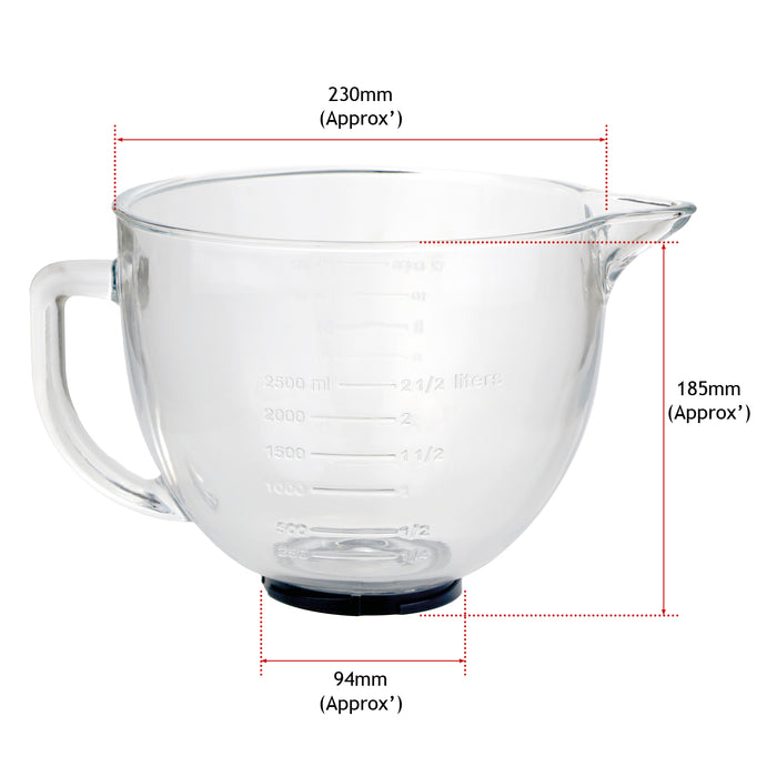 4.7L Glass Mixing bowl Jug for KitchenAid Stand Mixers K40 5KSM5GB Spout 5qt + Plastic Seal Cover