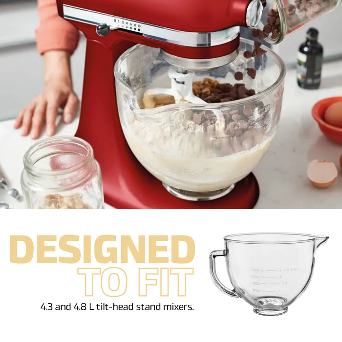 4.7L Glass Mixing bowl Jug for KitchenAid Stand Mixers K40 5KSM5GB Spout 5qt + Plastic Seal Cover