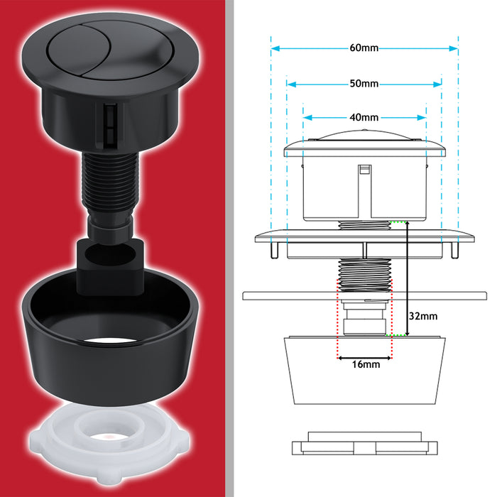 Universal Toilet Cistern Dual Flush Push Button Kit for 20mm 40mm 50mm 60mm Lid Hole (Matt Black)