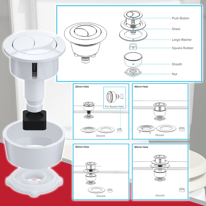 Universal Toilet Cistern Dual Flush Push Button Kit for 20mm 40mm 50mm 60mm Lid Hole (Gloss White)