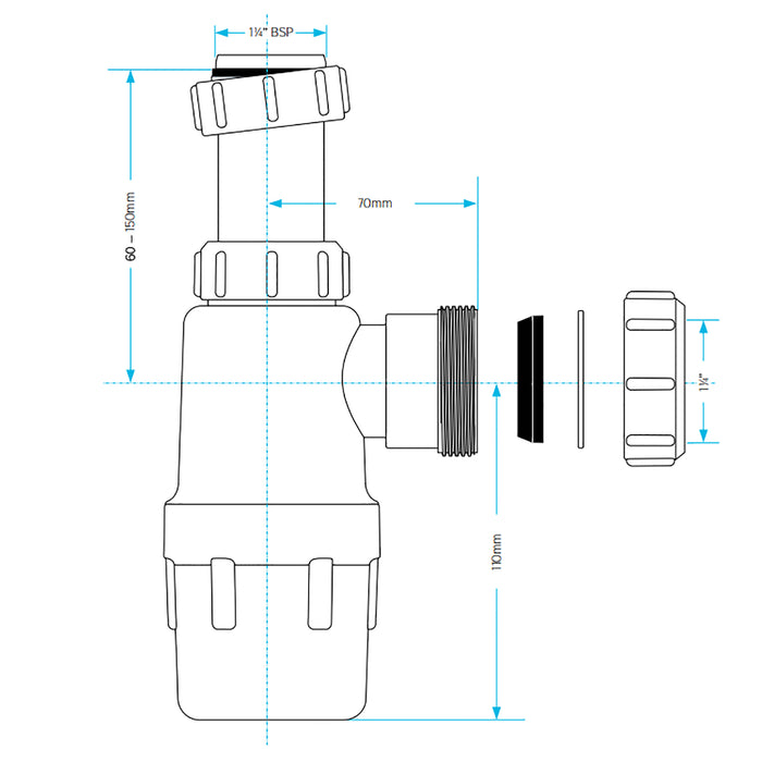Telescopic Waste Bottle Trap 32mm 1.25" Basin Bidet Urinal Bathroom Kitchen Sink 75mm Seal