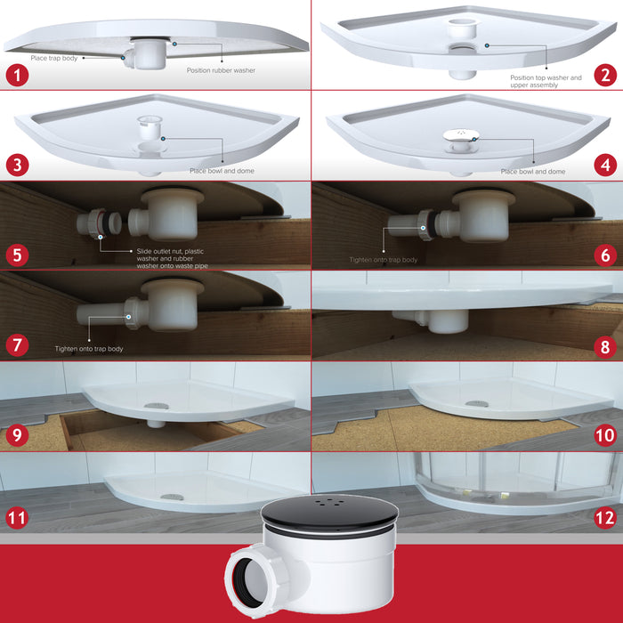 Shower Trap for 90mm Tray Plug Hole 1.5" Drain Waste Dome Base Kit (Black)