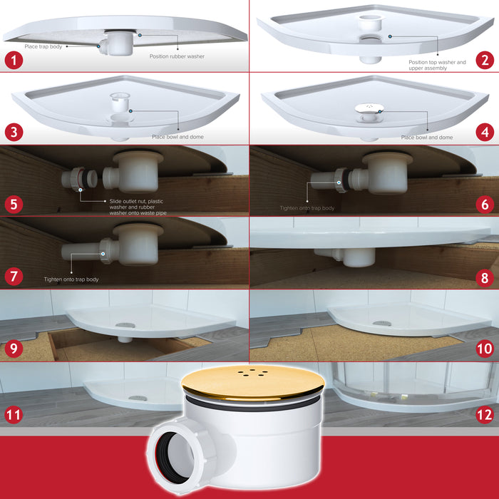 Shower Trap for 90mm Tray Plug Hole 1.5" Luxury Drain Water Waste Dome Base Kit (Brushed Brass)