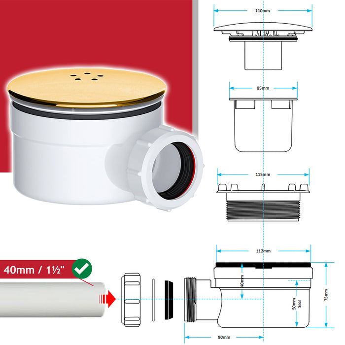 Shower Trap for 90mm Tray Plug Hole 1.5" Luxury Drain Water Waste Dome Base Kit (Brushed Brass)