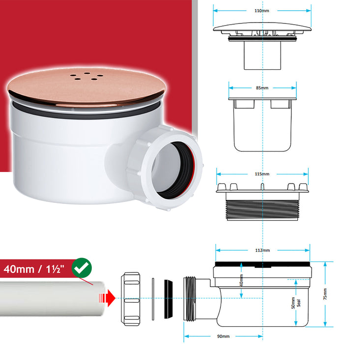 Shower Trap for 90mm Tray Plug Hole 1.5" Luxury Drain Water Waste Dome Base Kit (Brushed Copper)