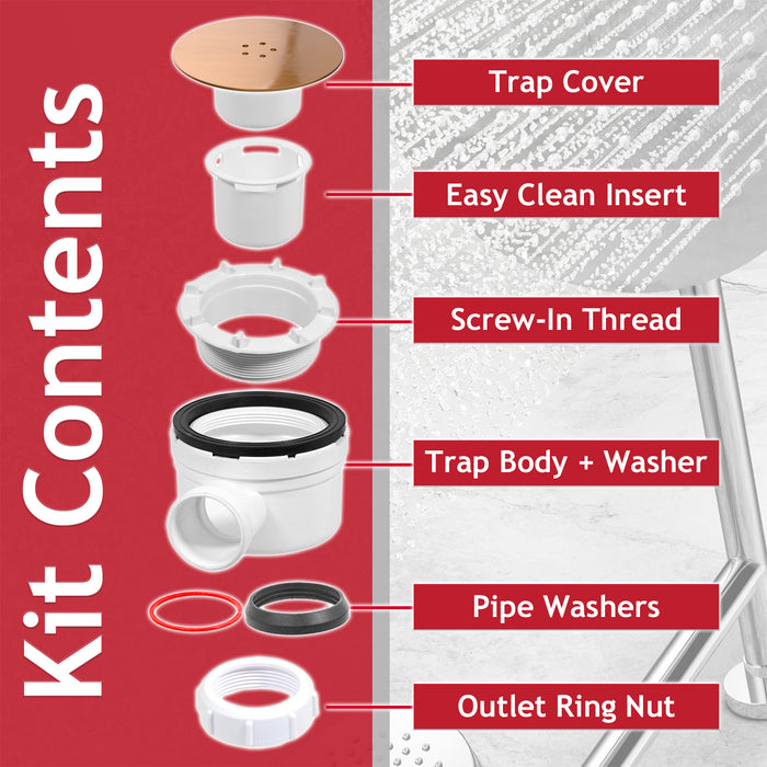 Shower Trap for 90mm Tray Plug Hole 1.5" Luxury Drain Water Waste Dome Base Kit (Brushed Copper)