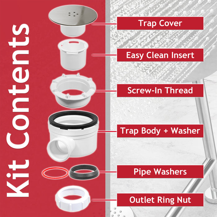 Shower Trap for 90mm Tray Plug Hole 1.5" Luxury Drain Water Waste Dome Base Kit (Brushed Nickel)