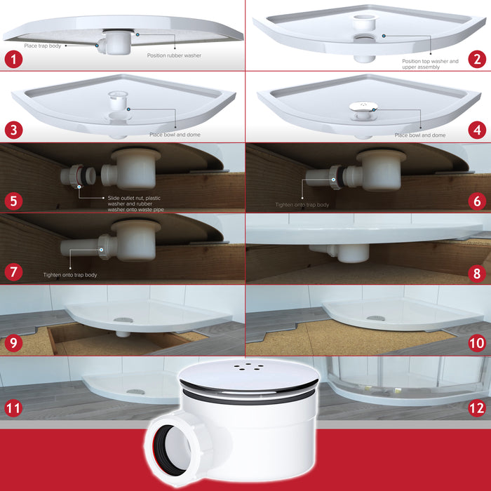 Shower Trap for 90mm Tray Plug Hole 1.5" Luxury Drain Water Waste Dome Base Kit (Chrome Silver)