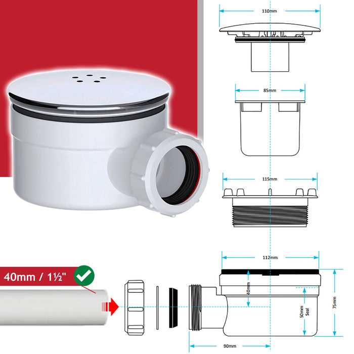 Shower Trap for 90mm Tray Plug Hole 1.5" Luxury Drain Water Waste Dome Base Kit (Chrome Silver)