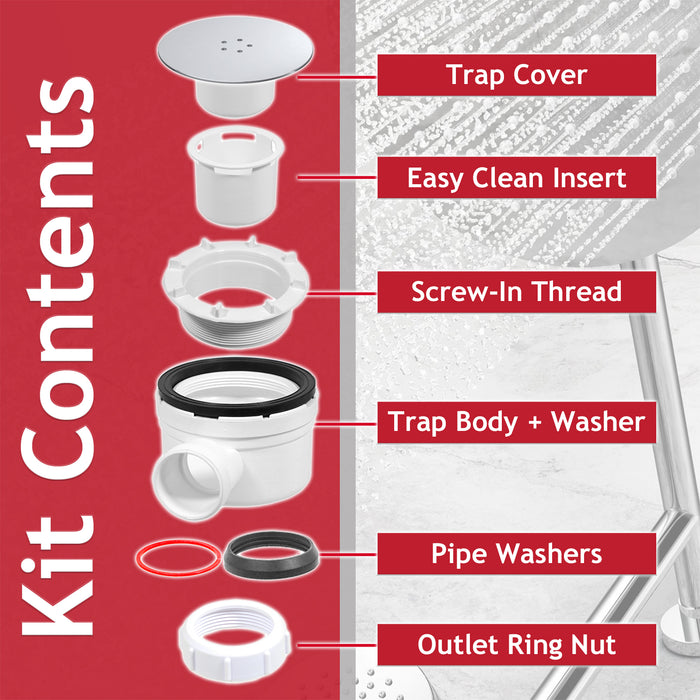 Shower Trap for 90mm Tray Plug Hole 1.5" Luxury Drain Water Waste Dome Base Kit (Chrome Silver)