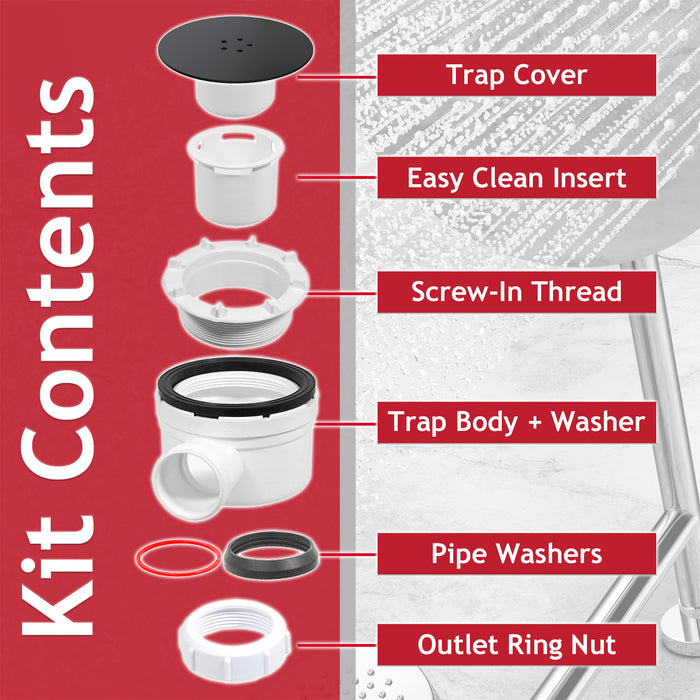 Shower Trap for 90mm Tray Plug Hole 1.5" Luxury Drain Water Waste Dome Base Kit (Matt Black)