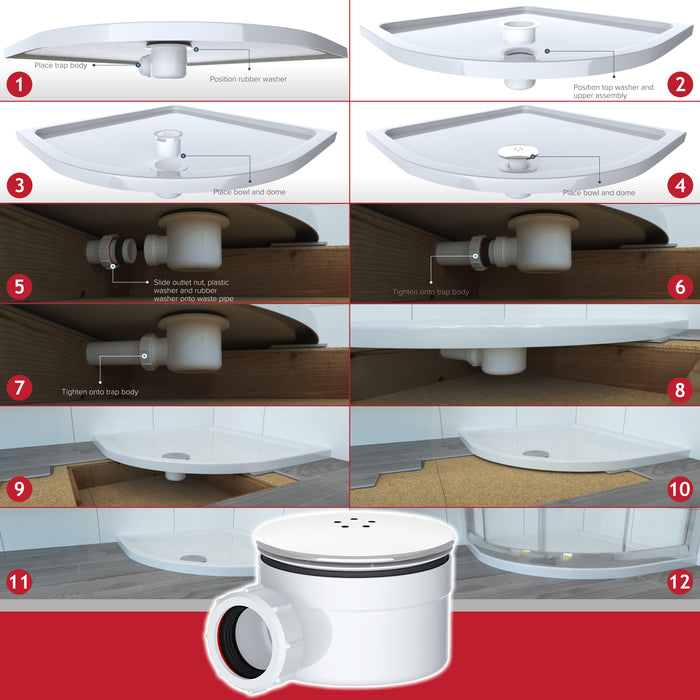 Shower Trap for 90mm Tray Plug Hole 1.5" Luxury Drain Water Waste Dome Base Kit (Matt White)