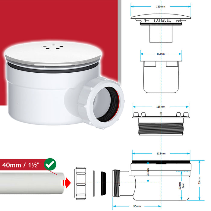 Shower Trap for 90mm Tray Plug Hole 1.5" Luxury Drain Water Waste Dome Base Kit (Matt White)