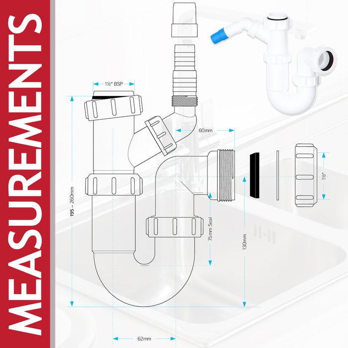 40mm Telescopic Sink Trap Kitchen Washing Machine Dishwasher 75mm Seal Water Discharge Kit