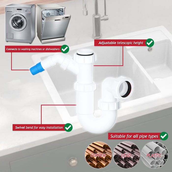 40mm Telescopic Sink Trap Kitchen Washing Machine Dishwasher 75mm Seal Water Discharge Kit
