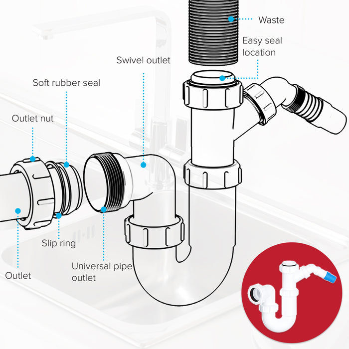 40mm Telescopic Sink Trap Kitchen Washing Machine Dishwasher 75mm Seal Water Discharge Kit
