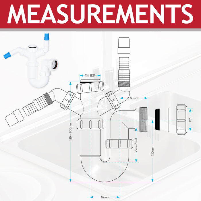 40mm Sink Trap Double Nozzle Washing Machine Dishwasher 75mm Water Seal Discharge Kit