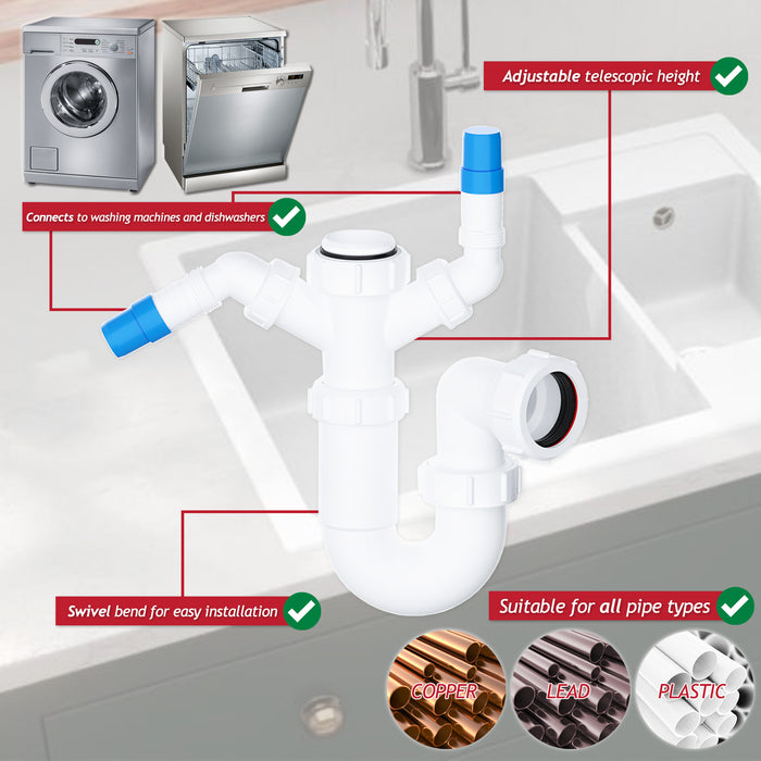 40mm Sink Trap Double Nozzle Washing Machine Dishwasher 75mm Water Seal Discharge Kit