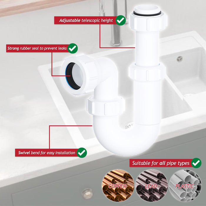 Telescopic Sink P Trap Basin Swivel Plumbing Waste Pipe Kit (32mm / 1.25")
