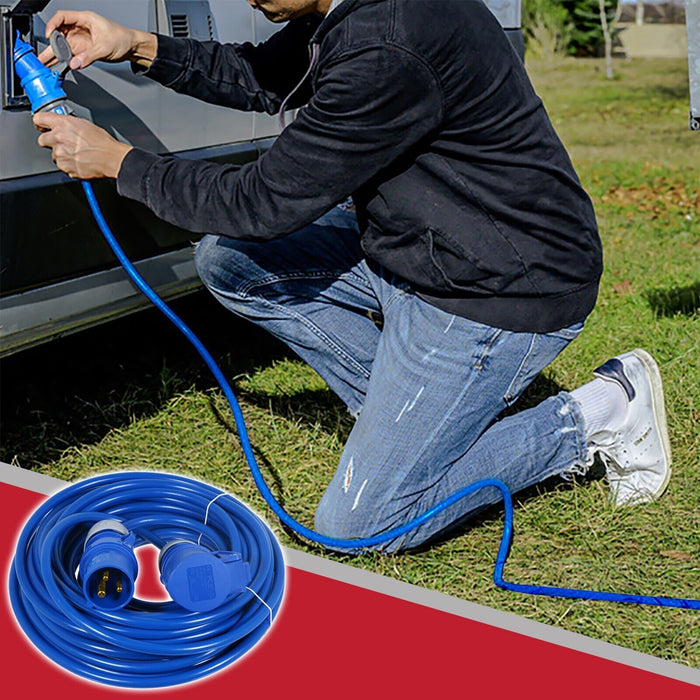 16A Extension Lead 14m 240V 1.5mm Extra Long Blue Power Cable + 2 x 16 Amp Splitter Kit