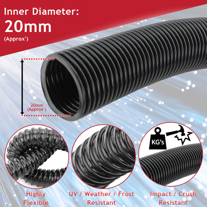 20mm Cable Conduit Flexible Tube Tidy Sleeving Organiser 2cm Black 5m